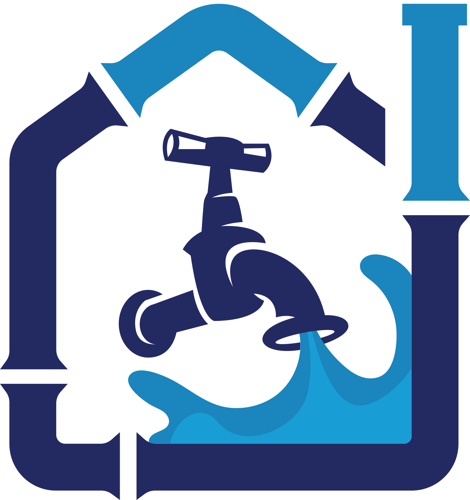 Blue and dark blue plumbing logo with water tap and flowing water, inside a house outline.