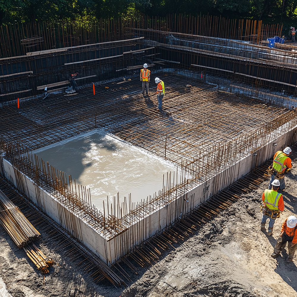 A concrete patio is being built in the backyard of a house.