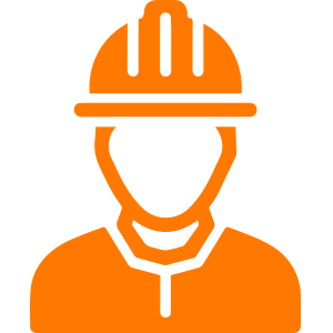 An orange icon of a man wearing a hard hat.