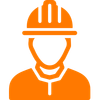 An orange icon of a man wearing a hard hat.