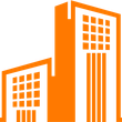 Two orange buildings with square windows on a white background.