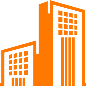 Two orange buildings with square windows on a white background.