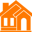 An orange house with white windows and a chimney