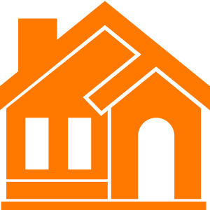 An orange house with white windows and a chimney