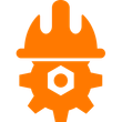 An orange icon of a hard hat and a gear.