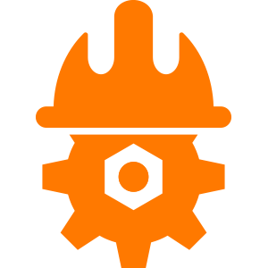 An orange icon of a hard hat and a gear.