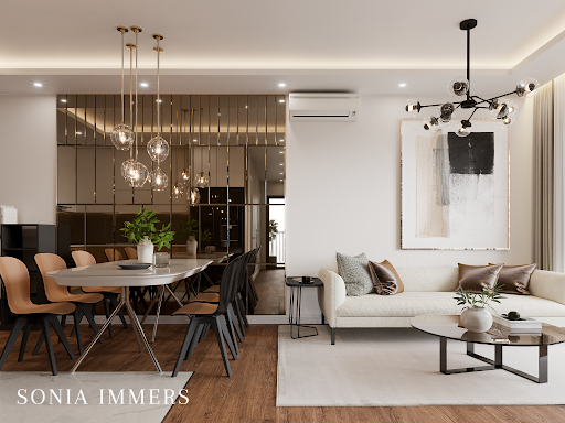 A living room with a couch , table and chairs.