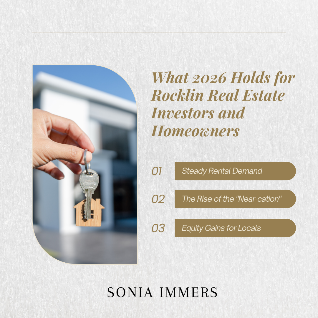 2026 Rocklin real estate trends for investors & homeowners, featuring a hand with a key and three key points.