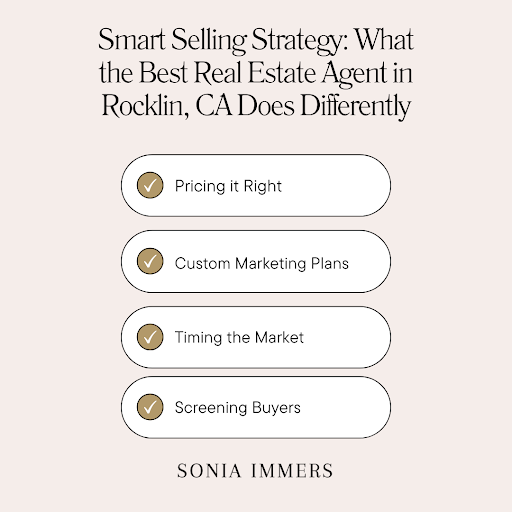 Graphic listing smart selling strategies by Sonia Immers: pricing, marketing plans, timing the market, and screening buyers.