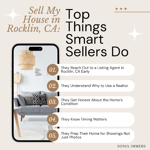 Graphic listing top things smart sellers do in Rocklin, CA, including timing, prepping for showings, and working with a trusted listing agent.
