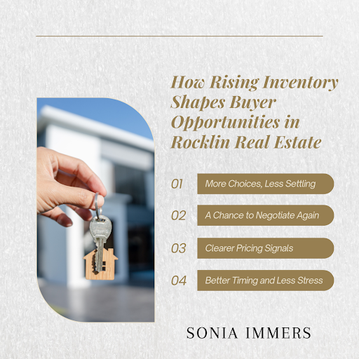 Hand holding house keys by a home next to a list of buyer benefits in rising Rocklin real estate inventory.