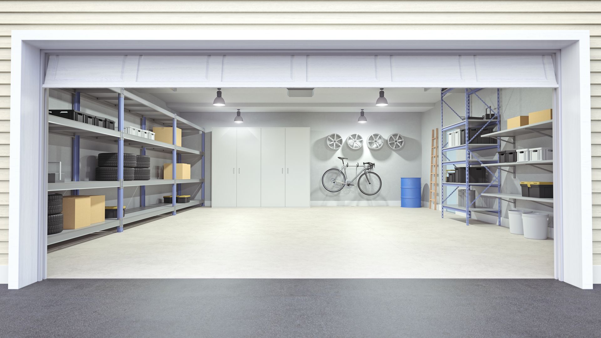 A Garage with A Bicycle Hanging on The Wall and Shelves - Rochester Hills, MI - J & B Doors