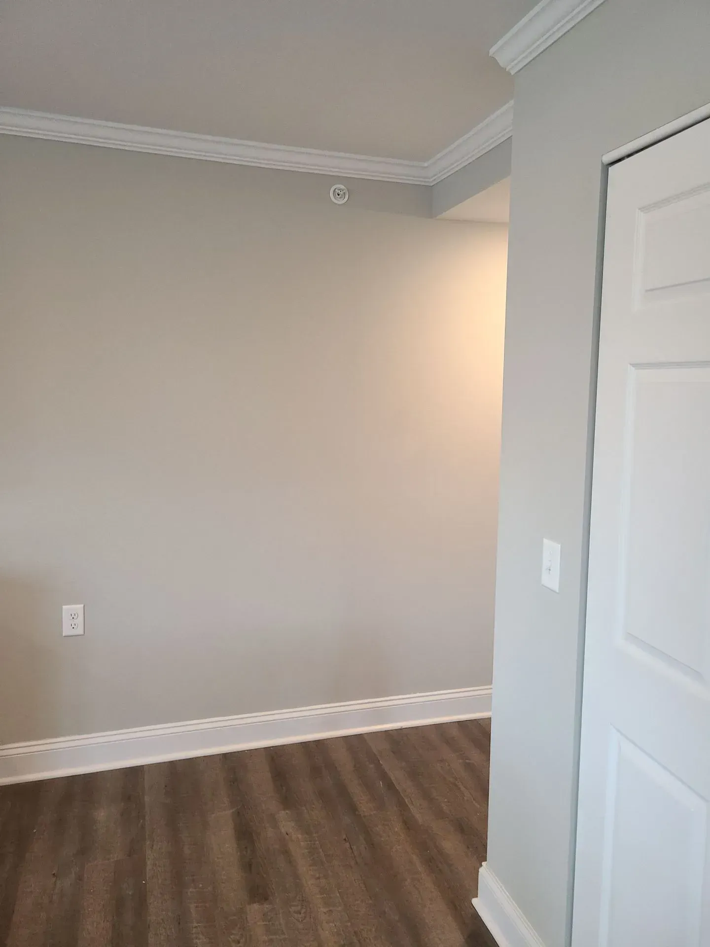 An empty room with a wooden floor and a white door.