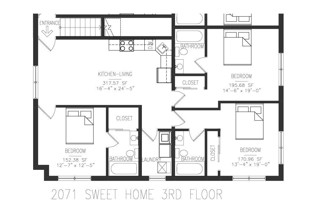 A black and white floor plan of a house