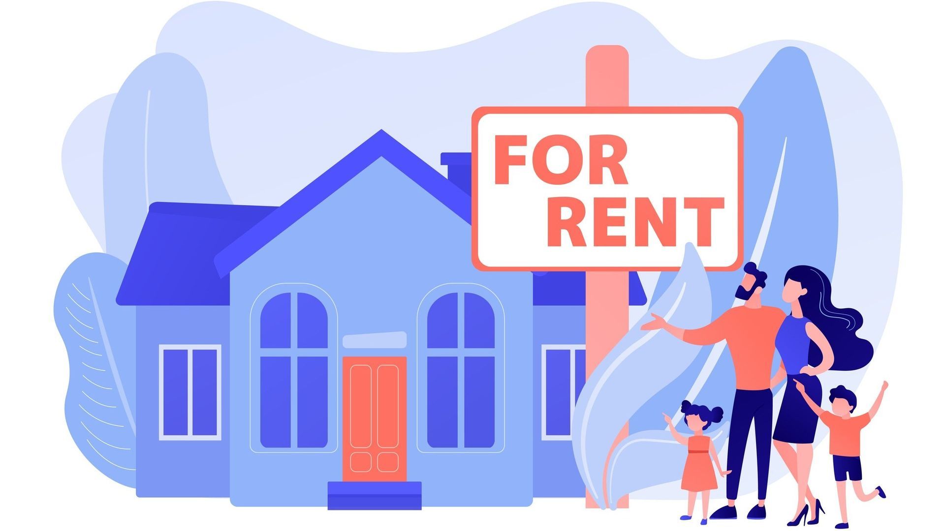 A family is standing in front of a house holding a for rent sign.