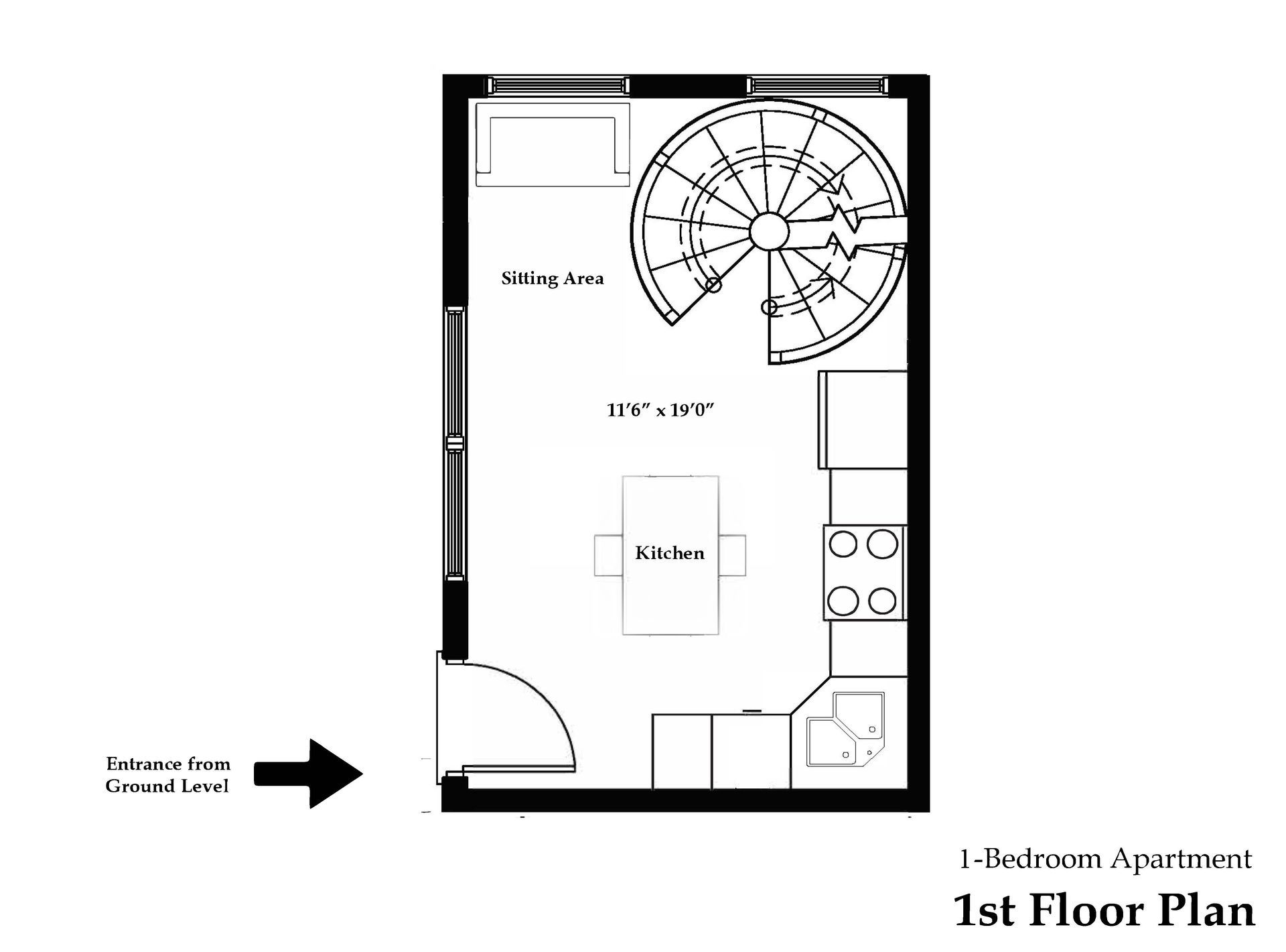 A black and white floor plan of a 1 bedroom apartment with a spiral staircase.