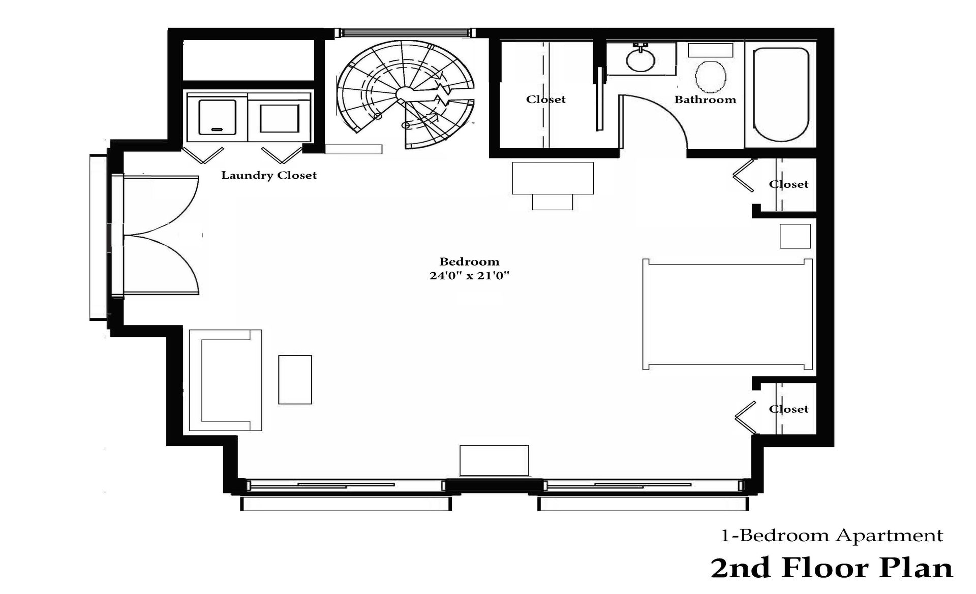 A black and white floor plan of a 2nd floor apartment.