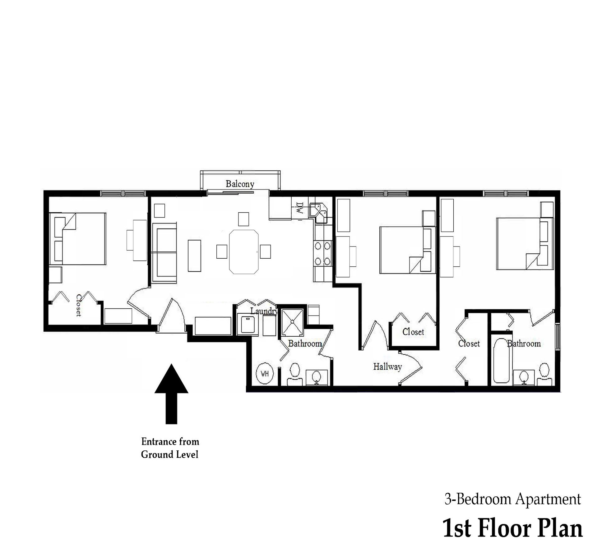 A black and white floor plan of a 3 bedroom apartment.