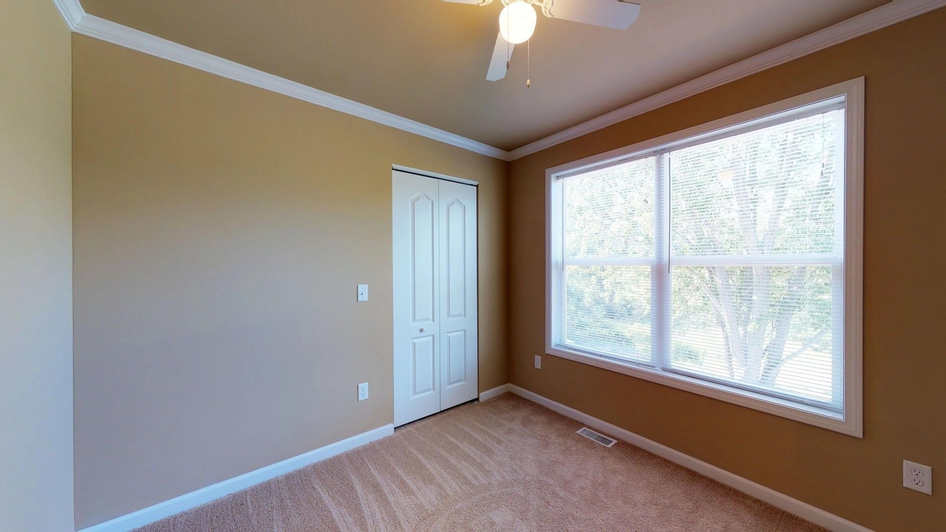 An empty bedroom with two windows and a ceiling fan.