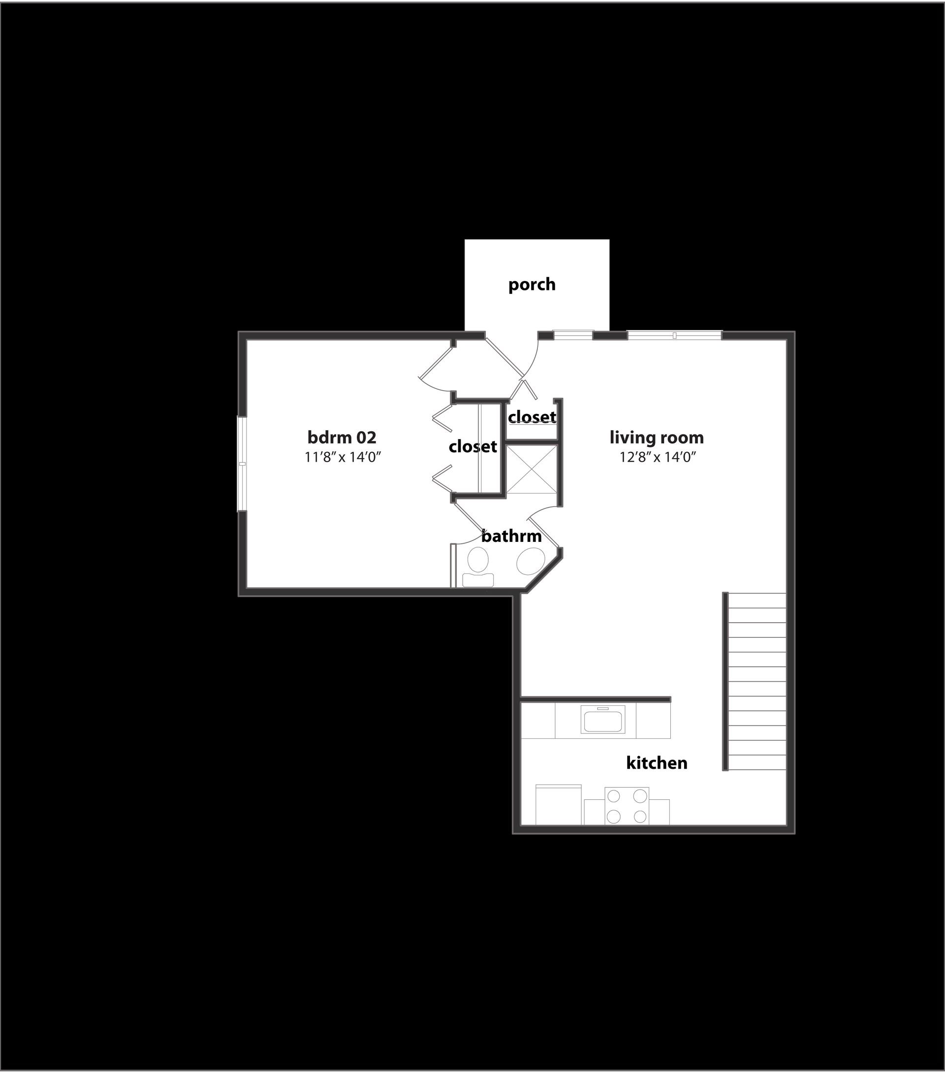 A black and white floor plan of a house on a black background.