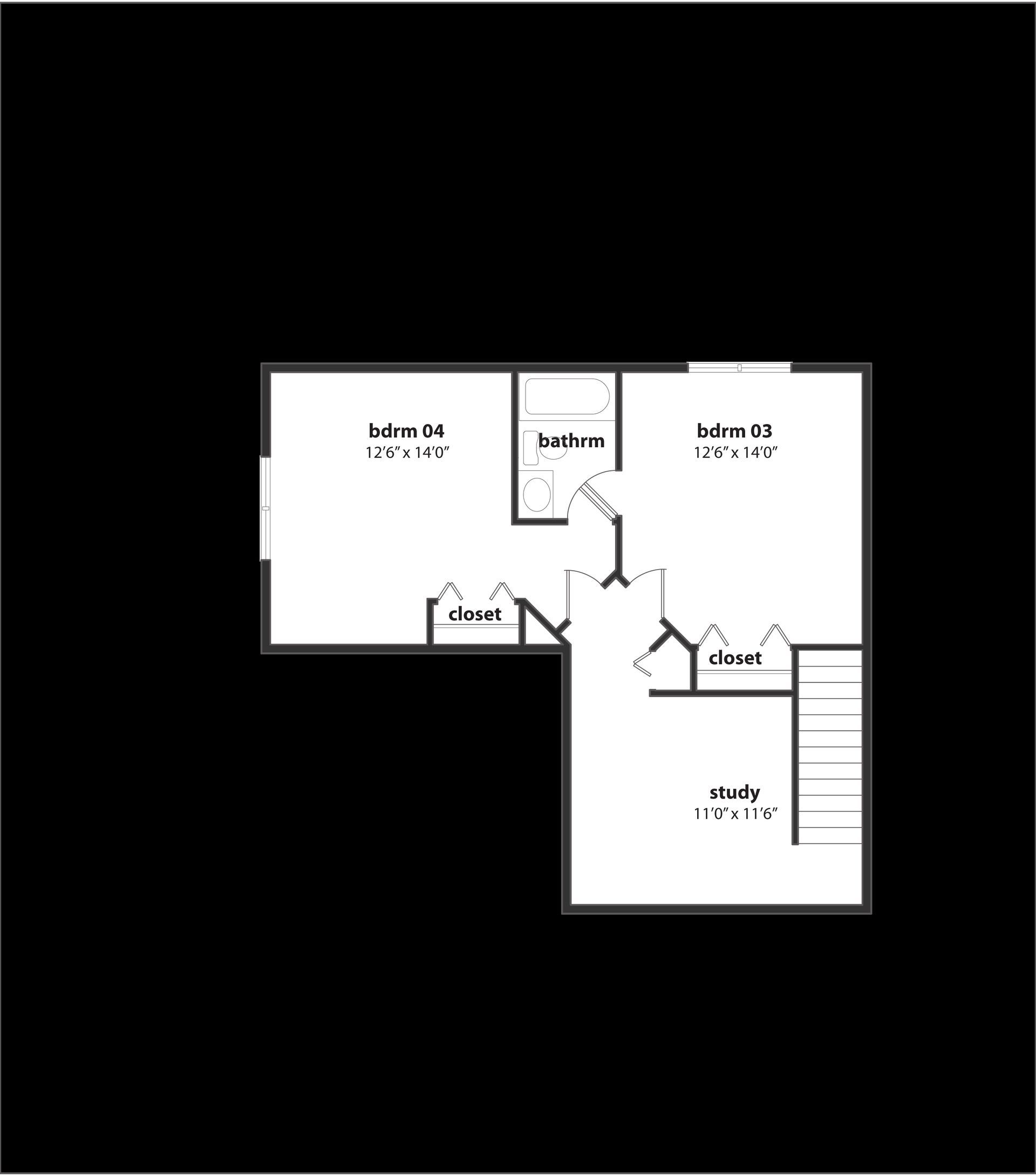 A black and white floor plan of a house on a black background.