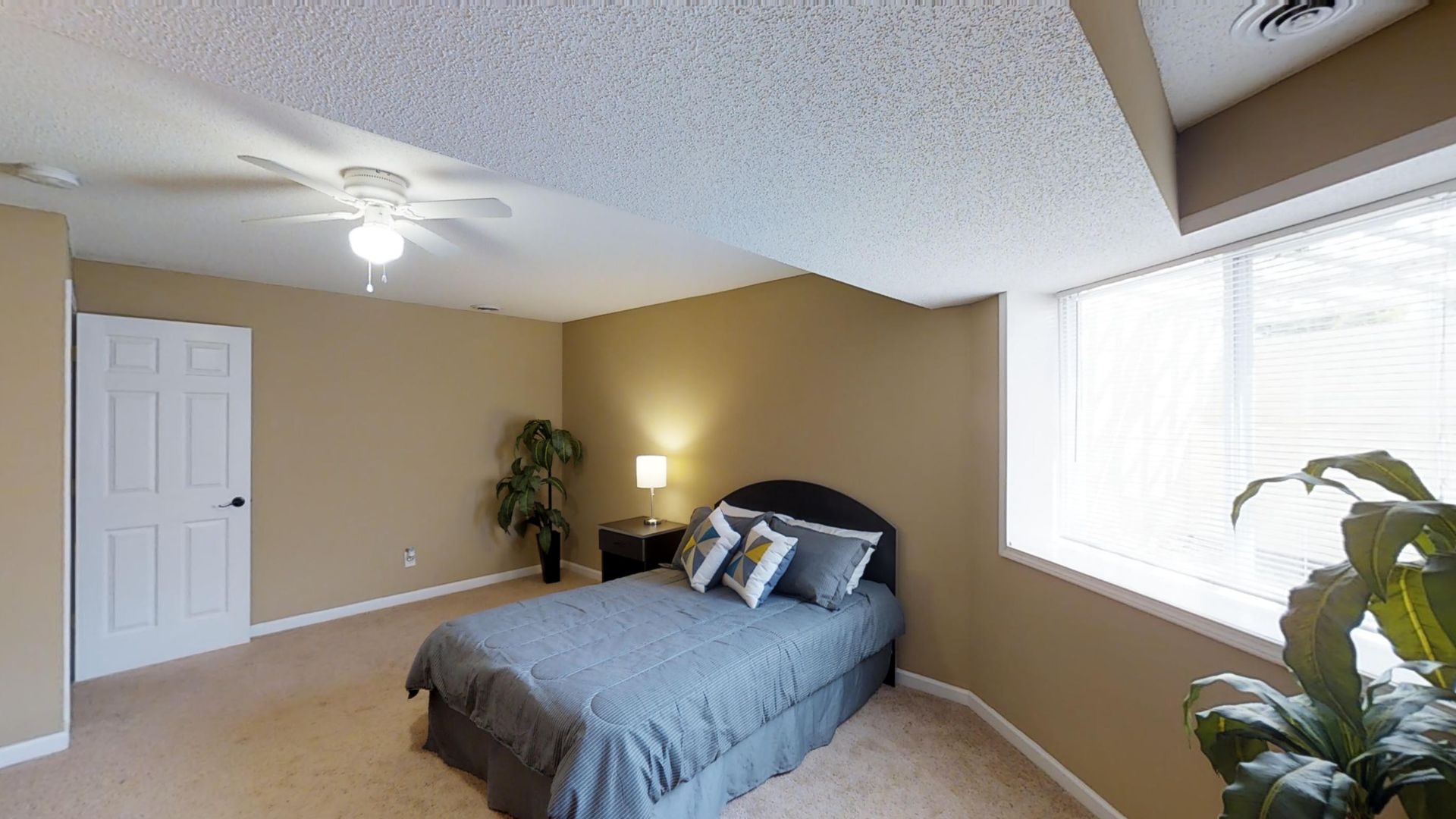 A bedroom with a bed , ceiling fan , and window.