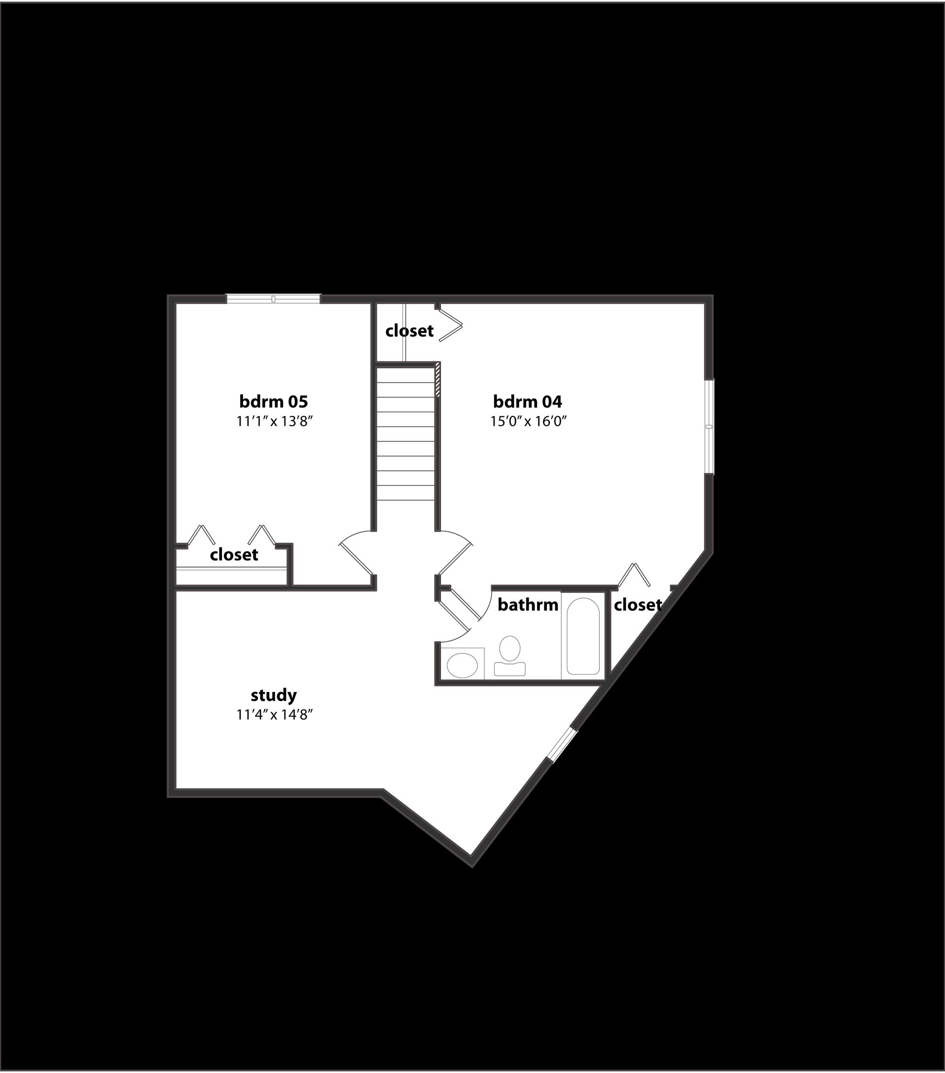 A black and white floor plan of a house on a black background.