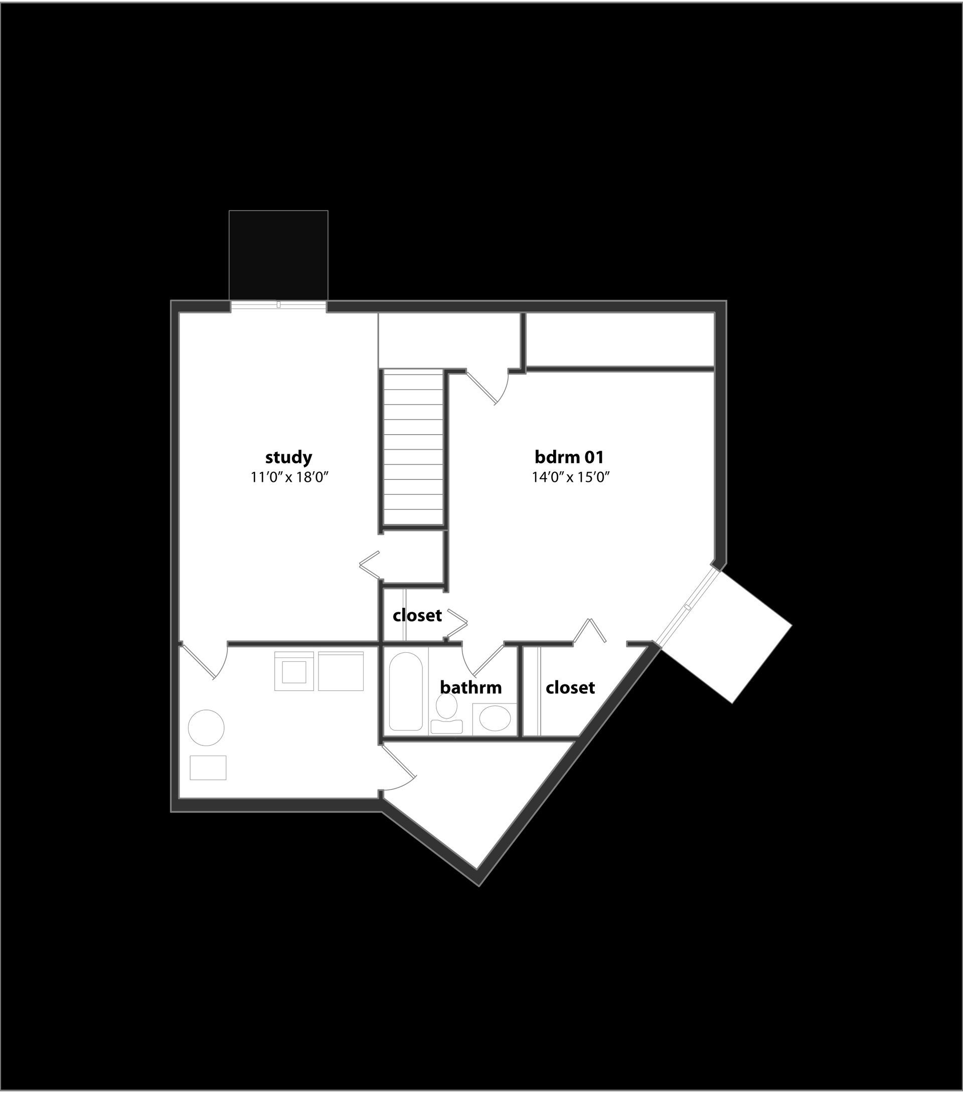 A black and white floor plan of a house on a black background.