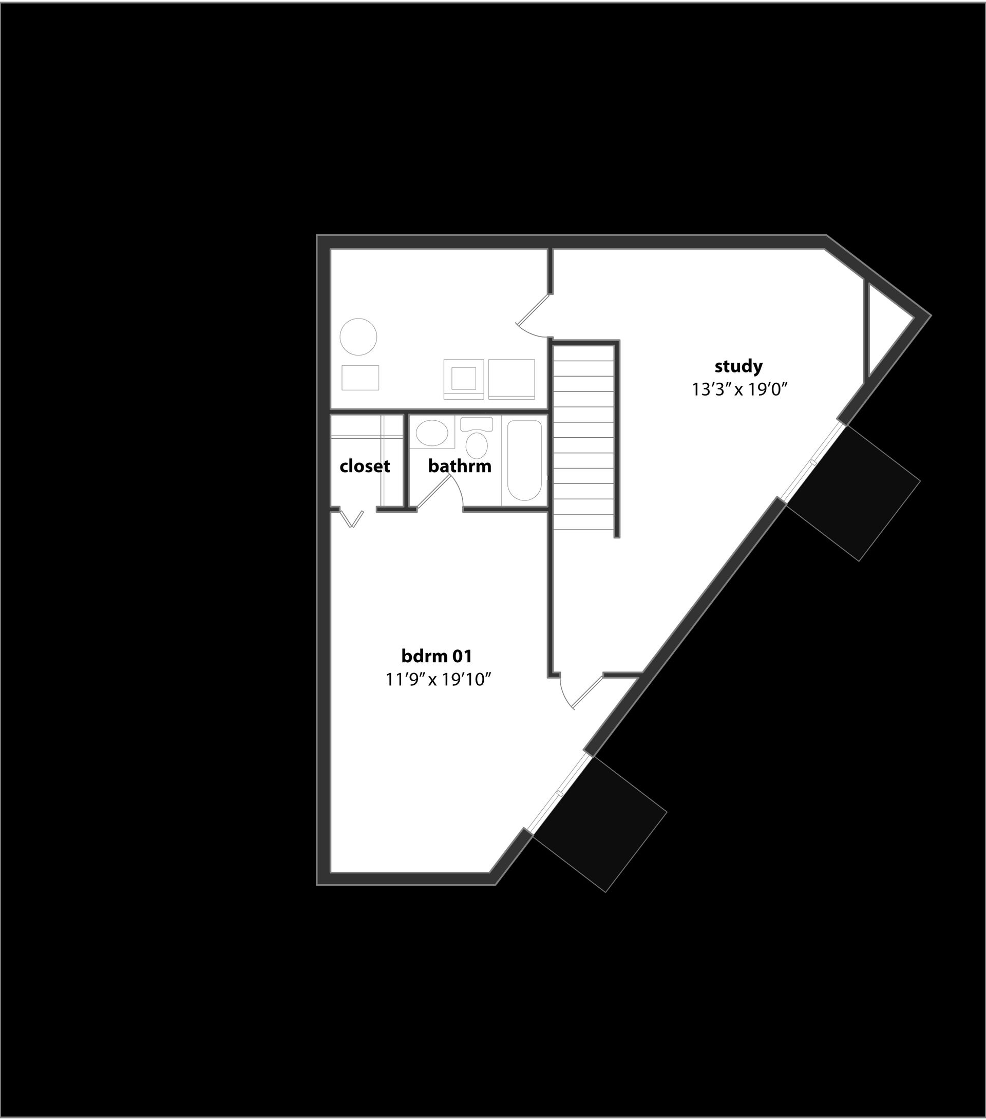 A black and white floor plan of a house on a black background.