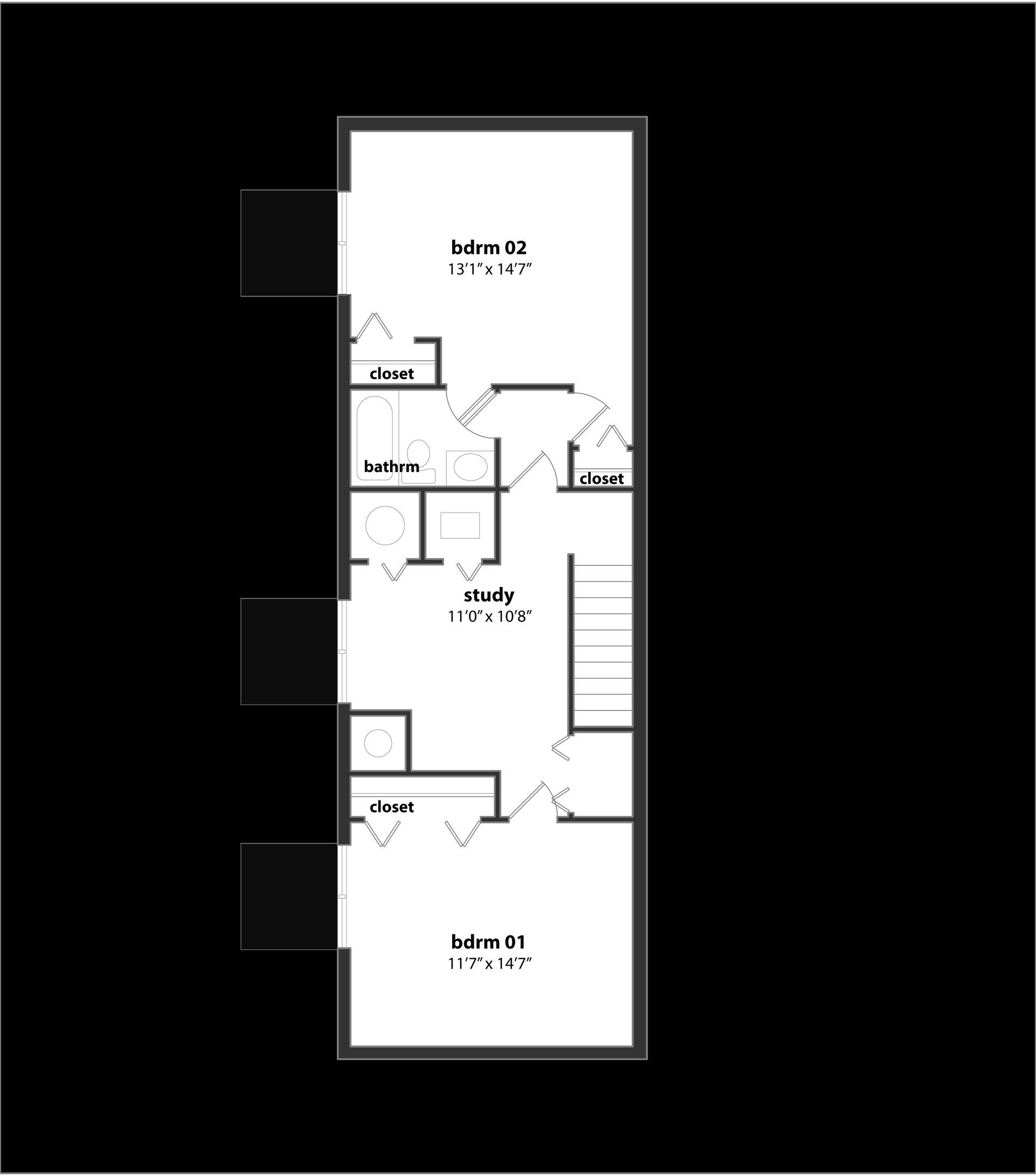 A black and white floor plan of a house on a black background.