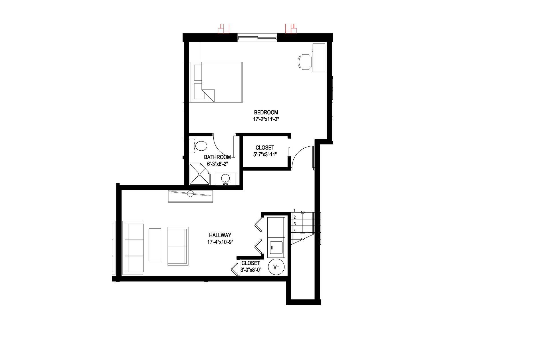A black and white floor plan of a small apartment.
