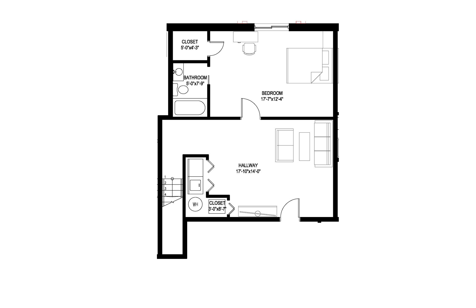 A black and white floor plan of a small apartment.