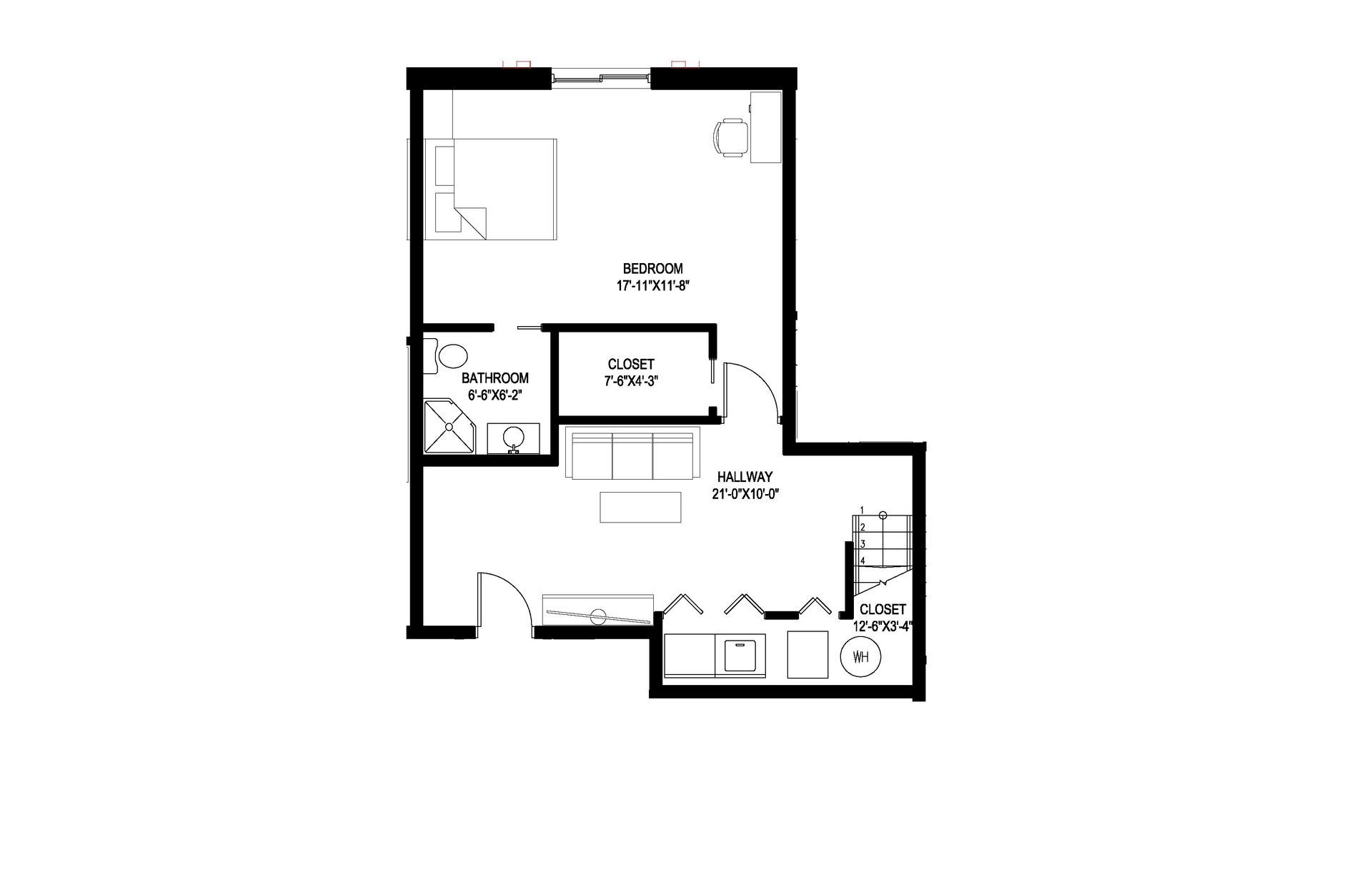 A black and white floor plan of a small apartment.