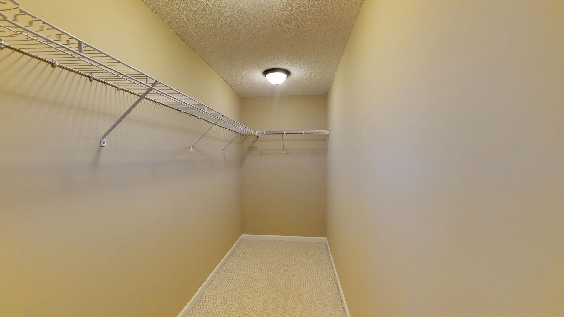 An empty walk in closet with lots of shelves and a light on the ceiling.