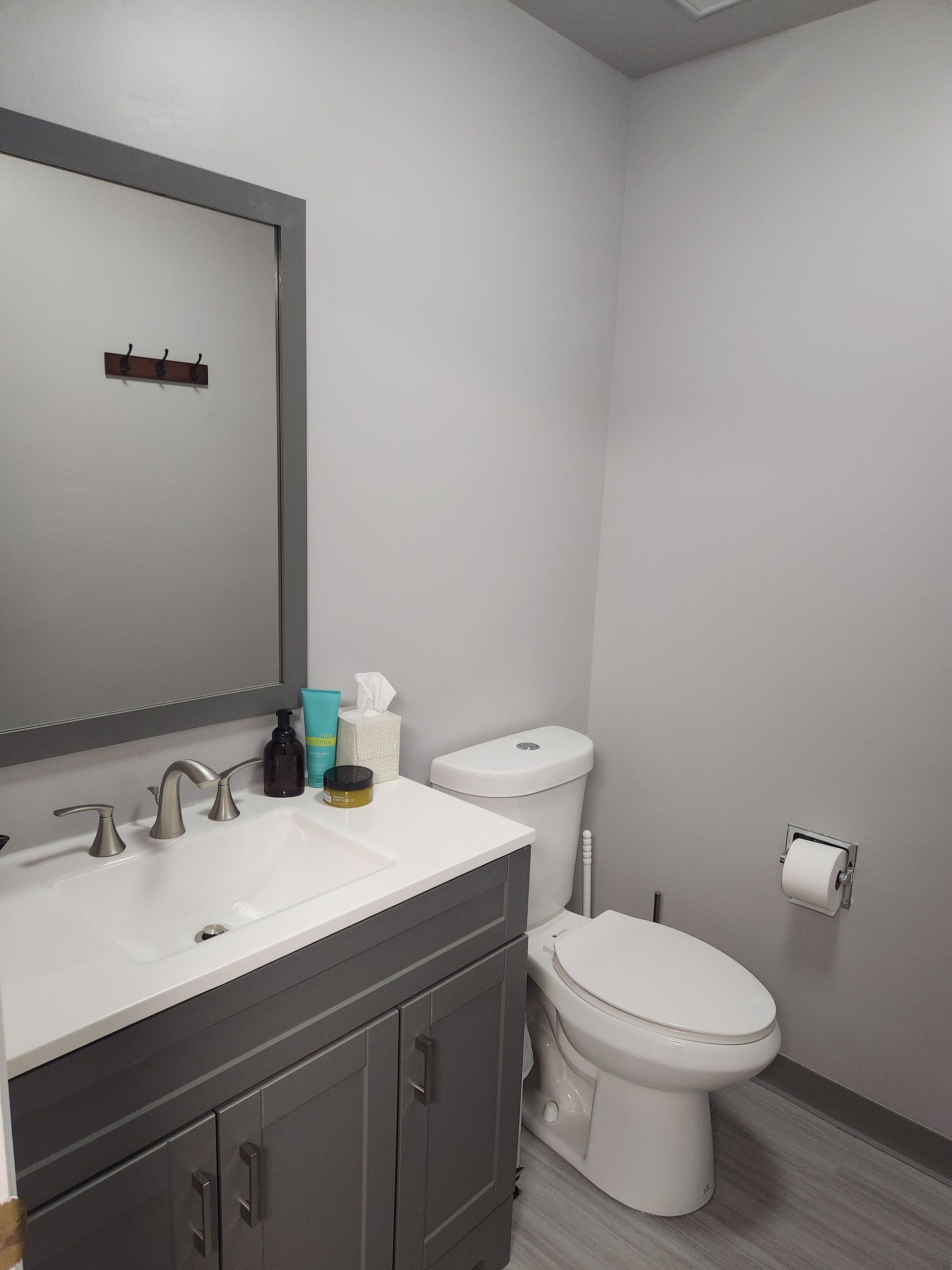 A bathroom with a sink , toilet and mirror.