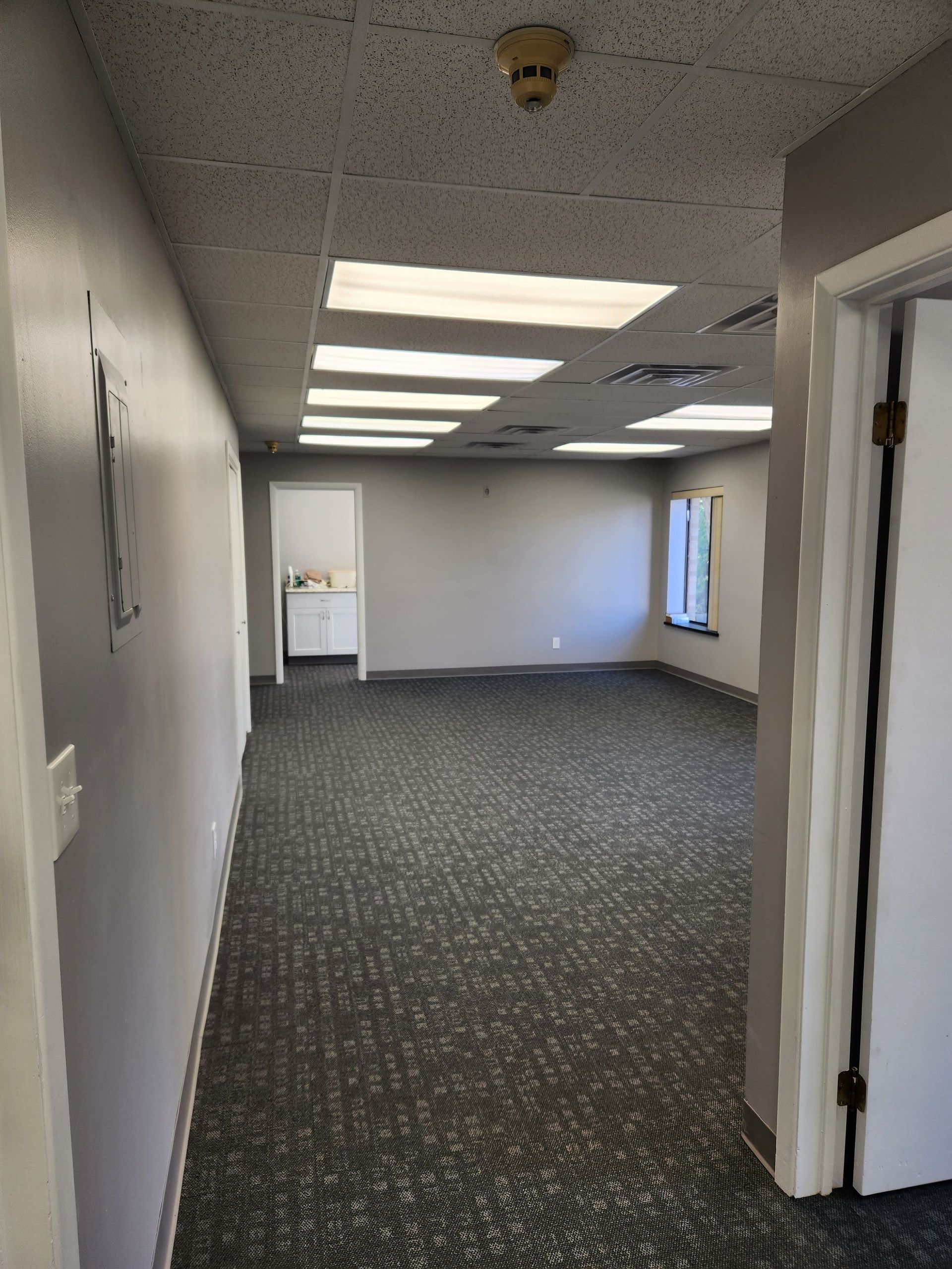 An empty room with a carpeted floor and a ceiling light.