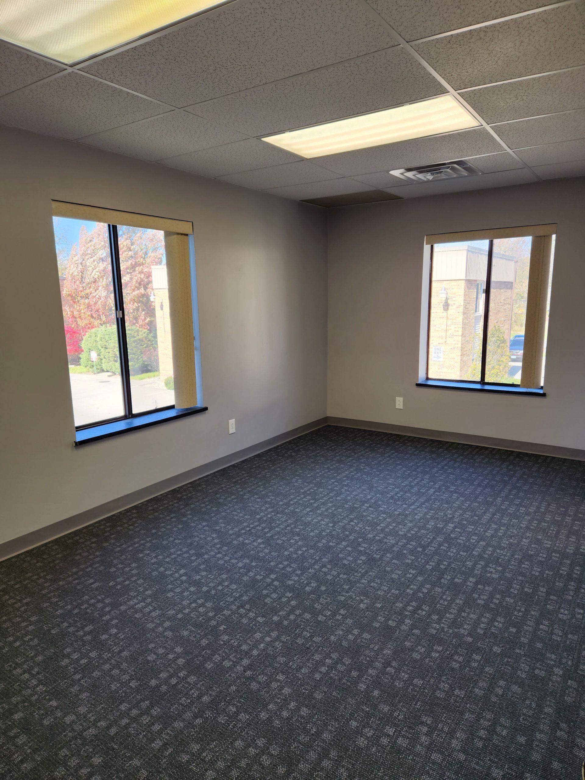 An empty room with two windows and a carpeted floor.