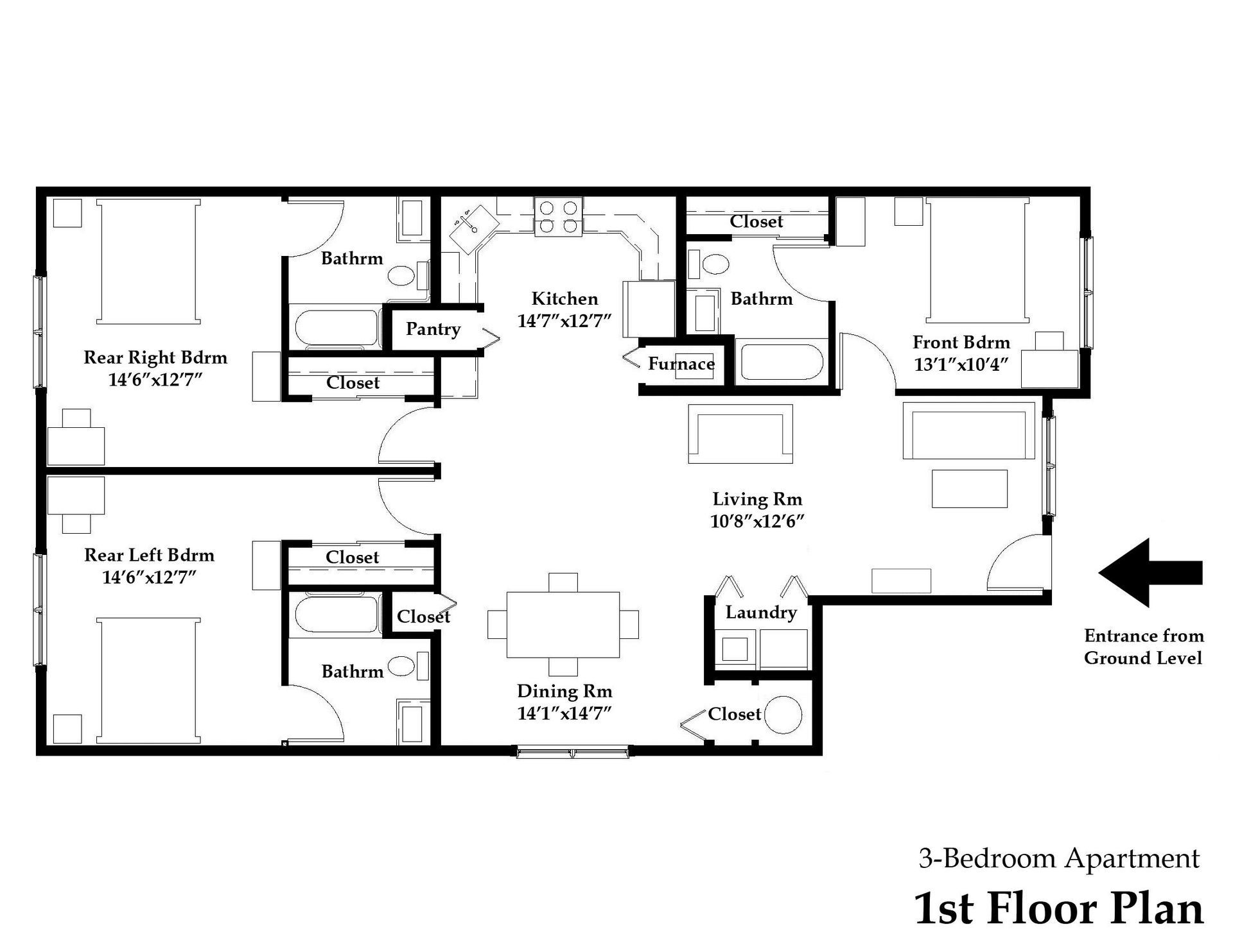 A black and white floor plan of a 3 bedroom apartment.