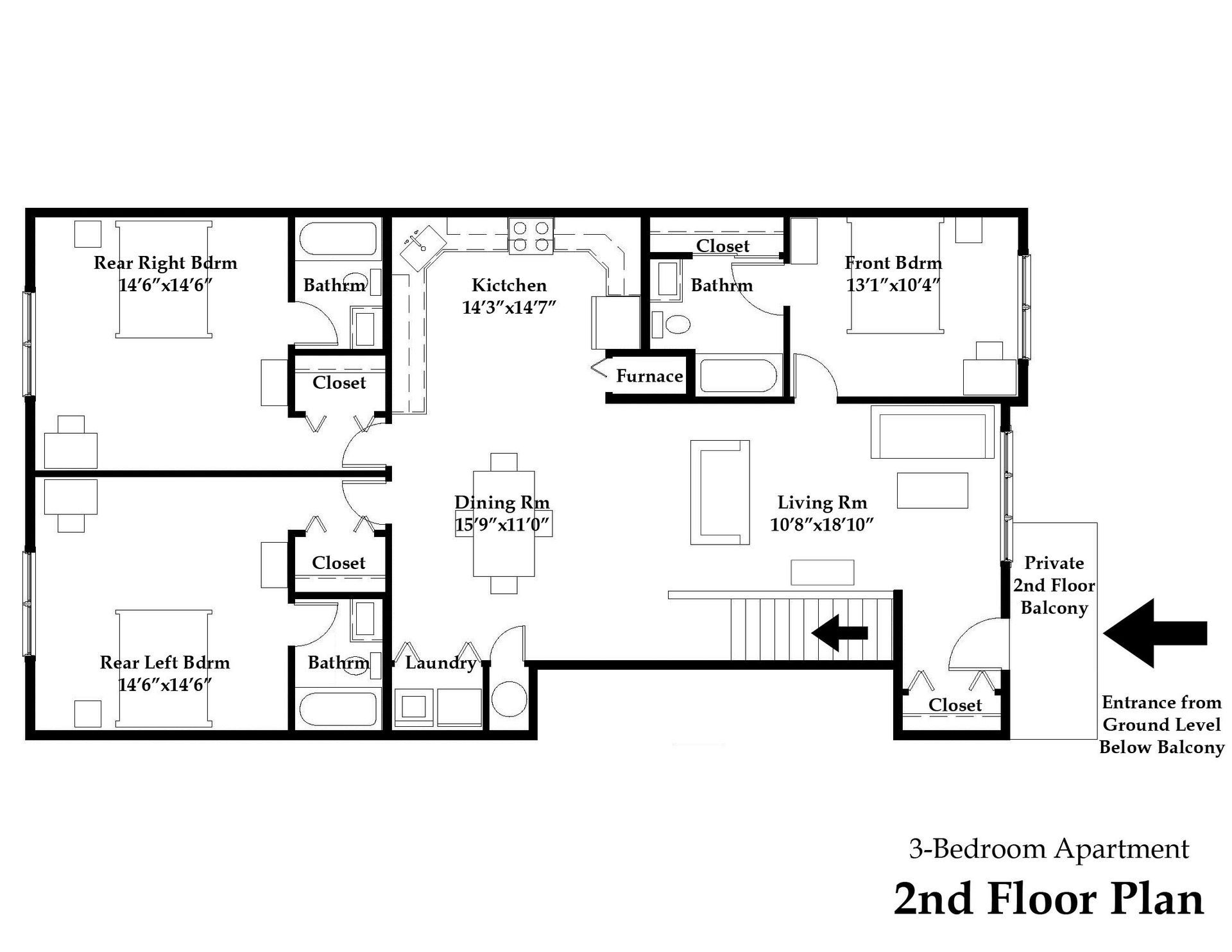 A black and white floor plan of a 3 bedroom apartment.