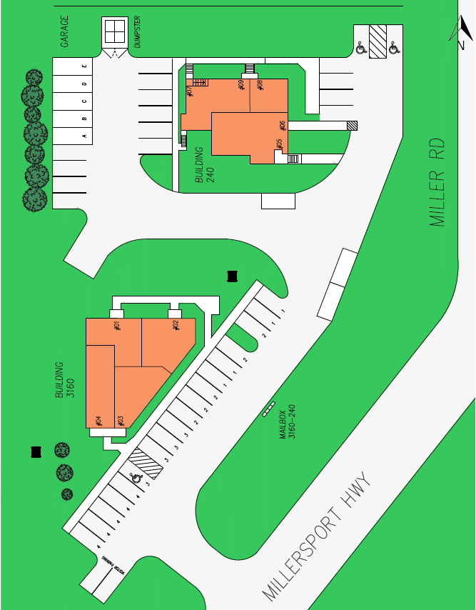 An aerial view of a parking lot and miller road