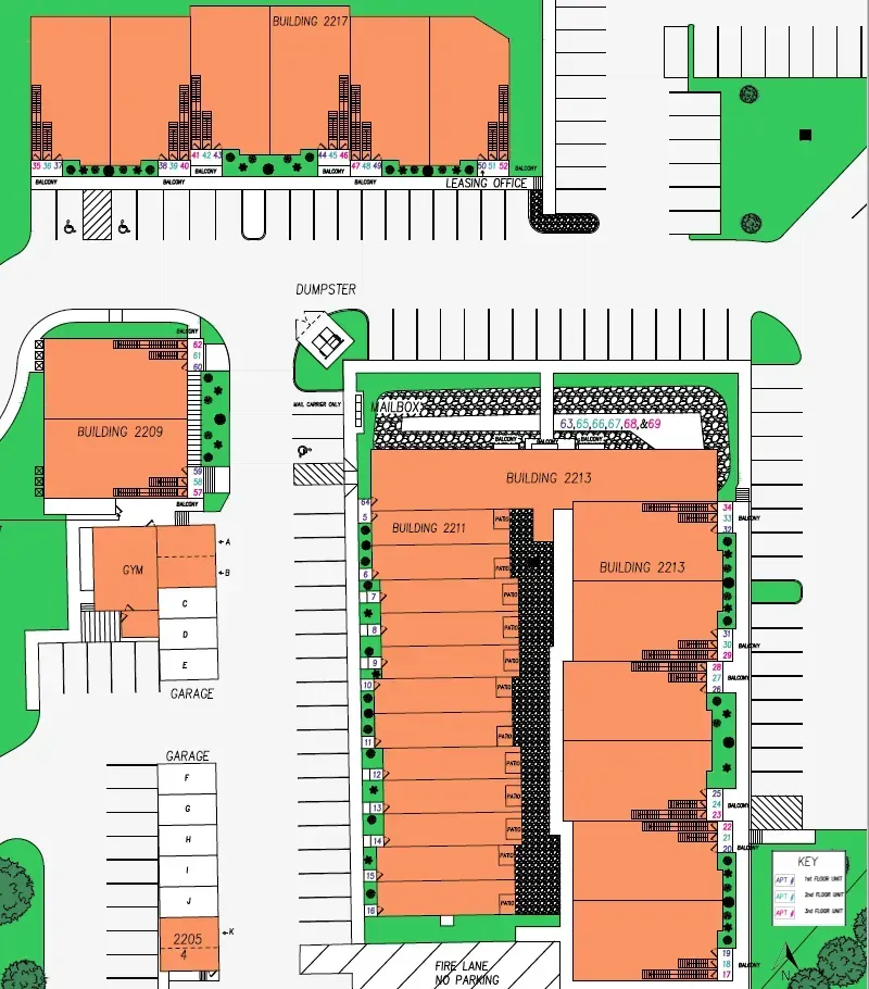 An aerial view of a building and parking lot