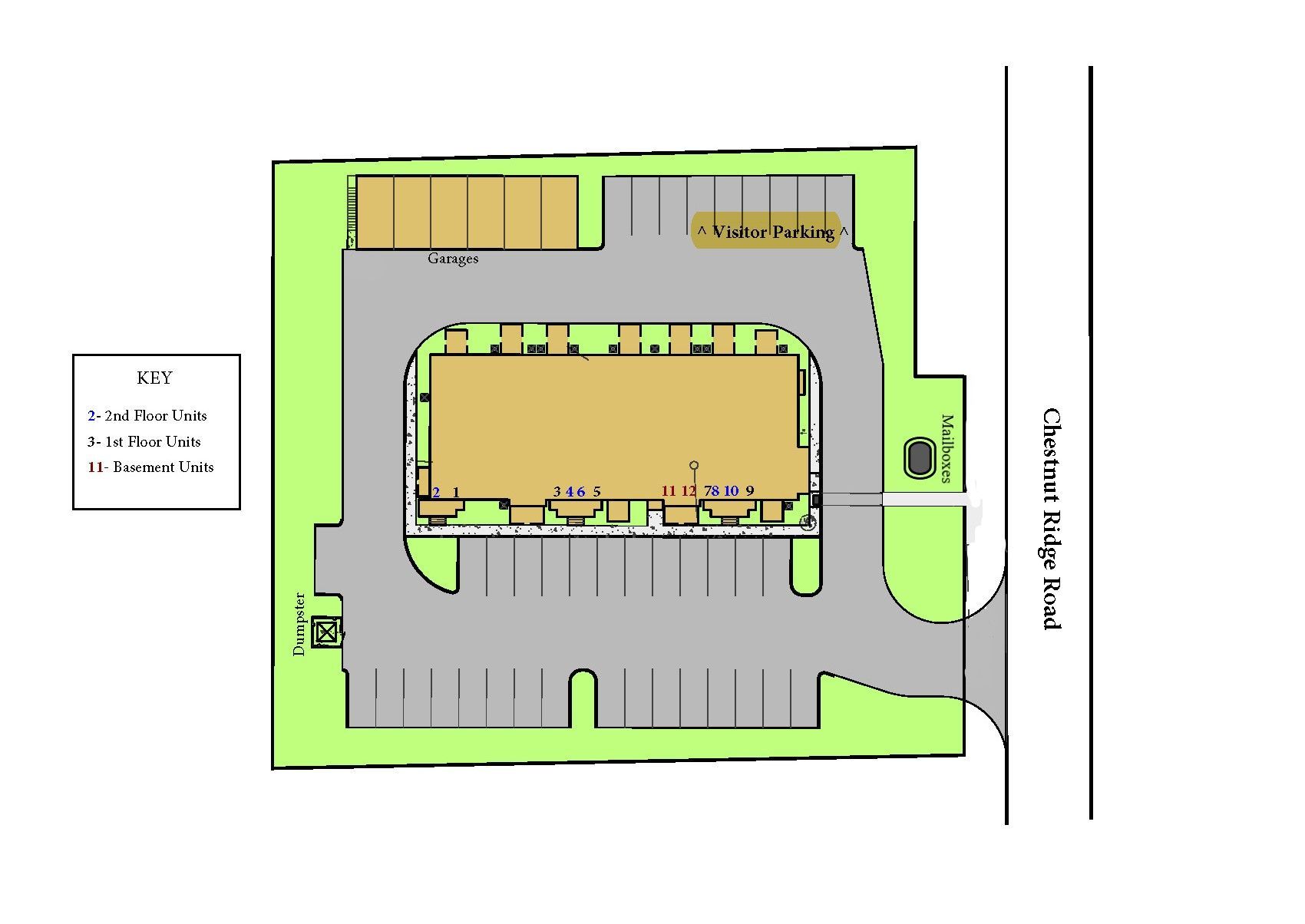 An aerial view of a building and parking lot