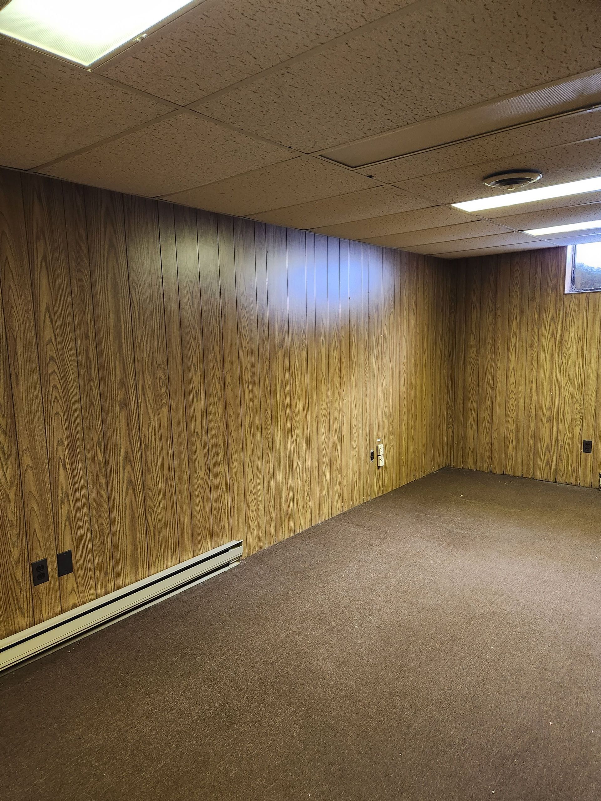 An empty basement with wood paneling and a carpeted floor.