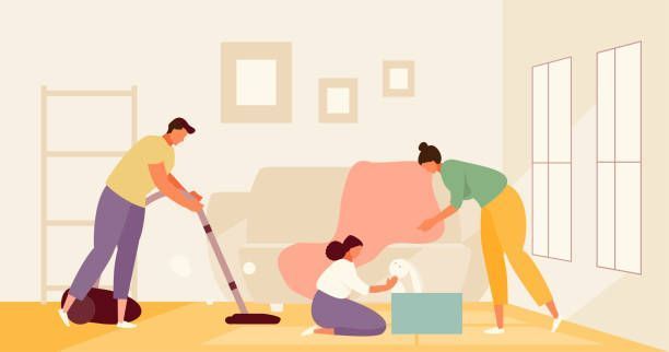 A family is cleaning the living room together.