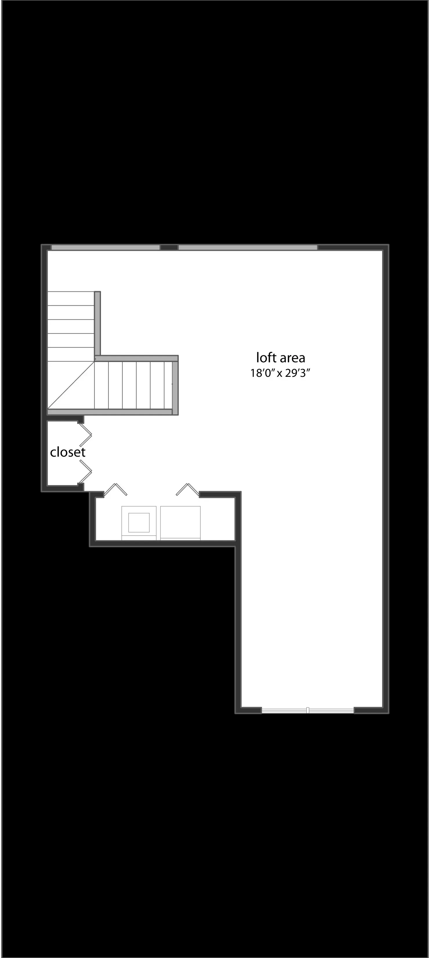 A black and white floor plan of a house on a black background.