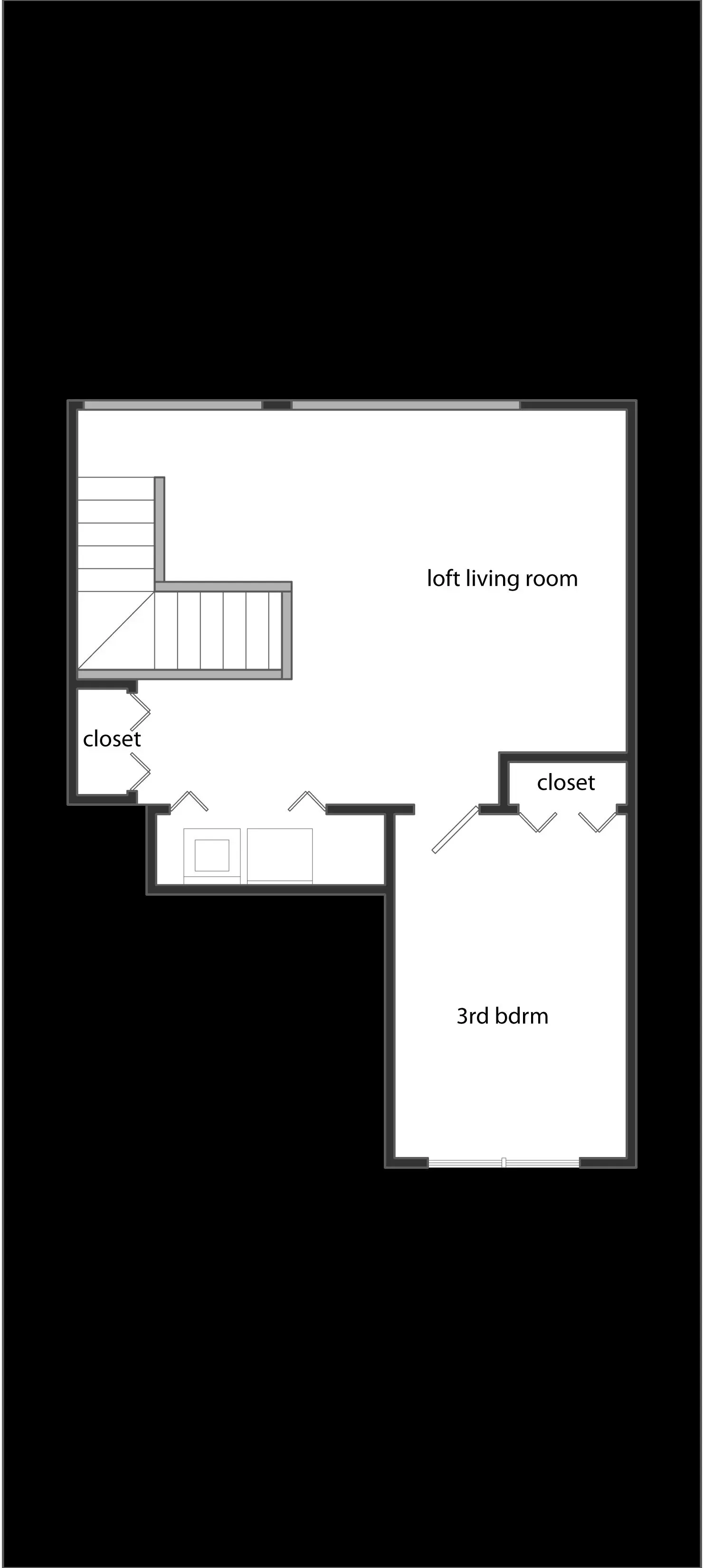 A black and white floor plan of a house on a black background.