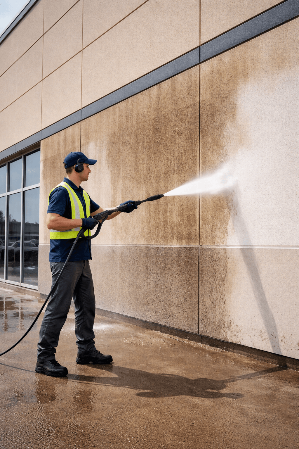 Man power washing a building wall with a pressure washer, cleaning the dirty surface.