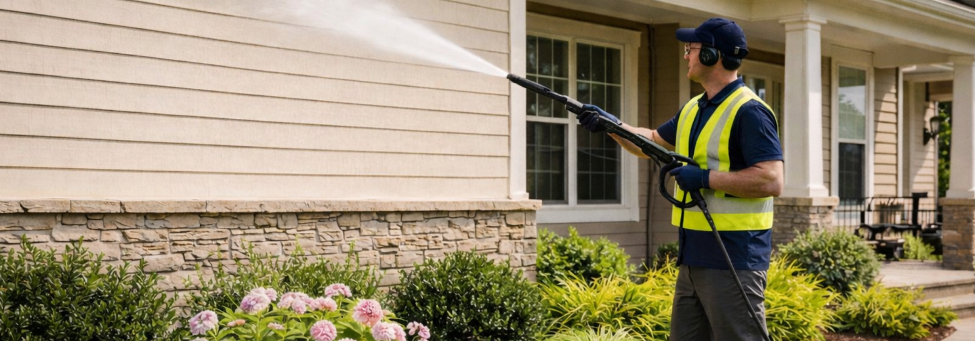 A person pressure washing the siding of a house with a stream of water.