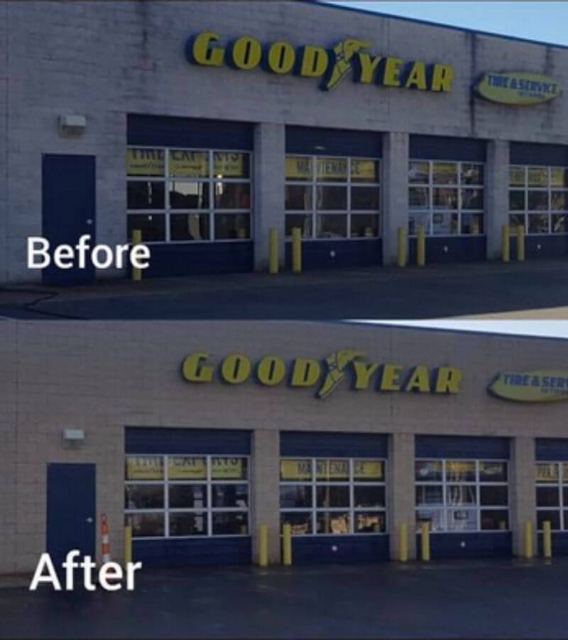Exterior of a business and service shop, before and after a pressure washing cleaning.