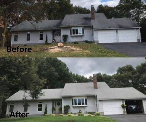 Before and after shots of a gray house freshly cleaned with a pressure washing.